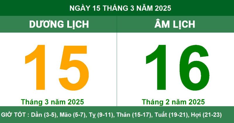 Ngày 15/3/2025 (Âm lịch: Ngày 17/2 năm Ất Tỵ)